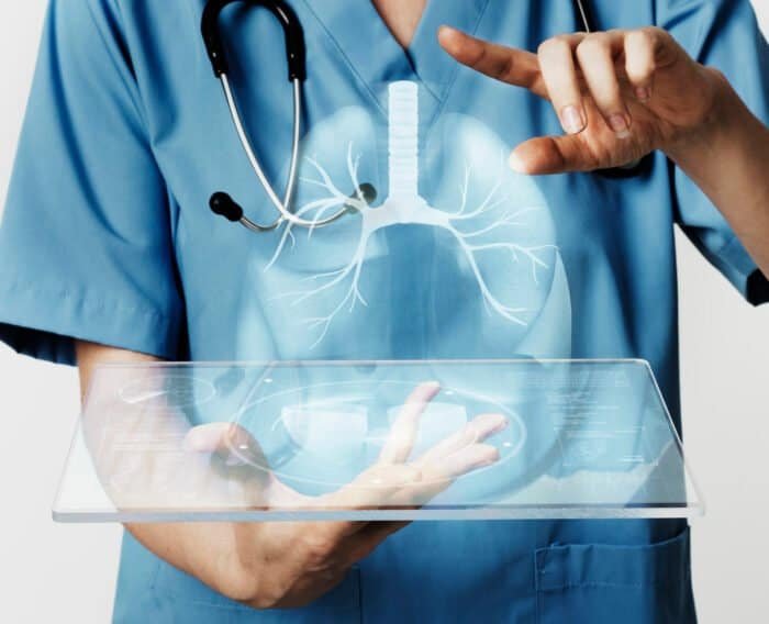 Human with lung displayed